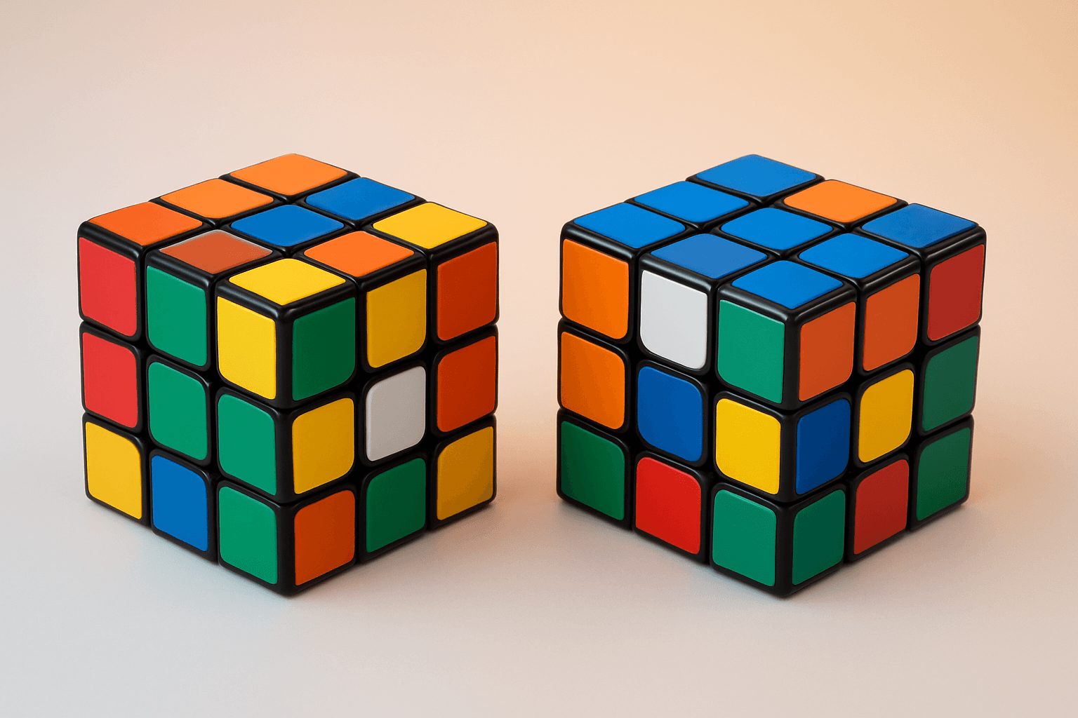 Dwie kostki Rubika ustawione obok siebie. Obie kostki są nieułożone.